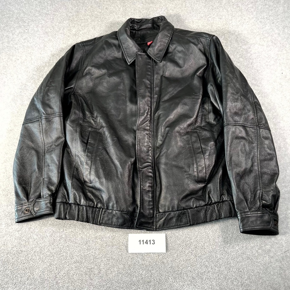 Covington Leather Jacket Mens Large Black Pockets Long Sleeve Collar Full Zipper